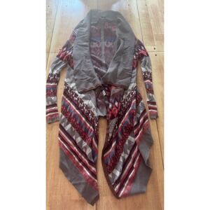 Sisters Southwestern Aztec Print Open Front Waterfall Cardigan Sweater Brown S/M